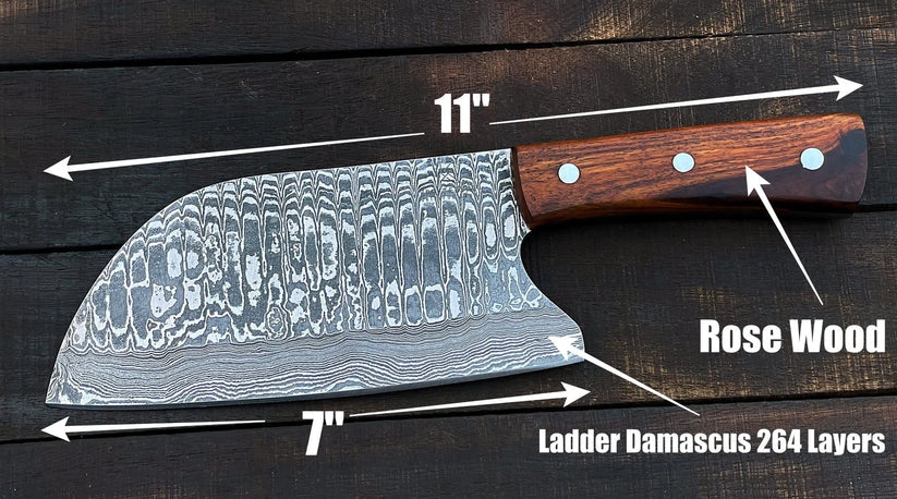 Custom Handmade Damascus Steel Meat Cleaver Knife with Leather Sheath | Full Tang Butcher Cleaver for Kitchen & BBQ