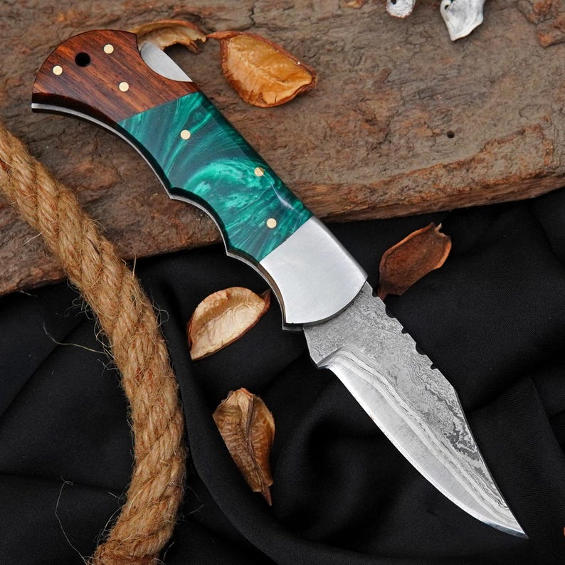 Double White Line Damascus Folding Knife with Green Resin & Rosewood Handle | Handmade EDC Pocket Knife