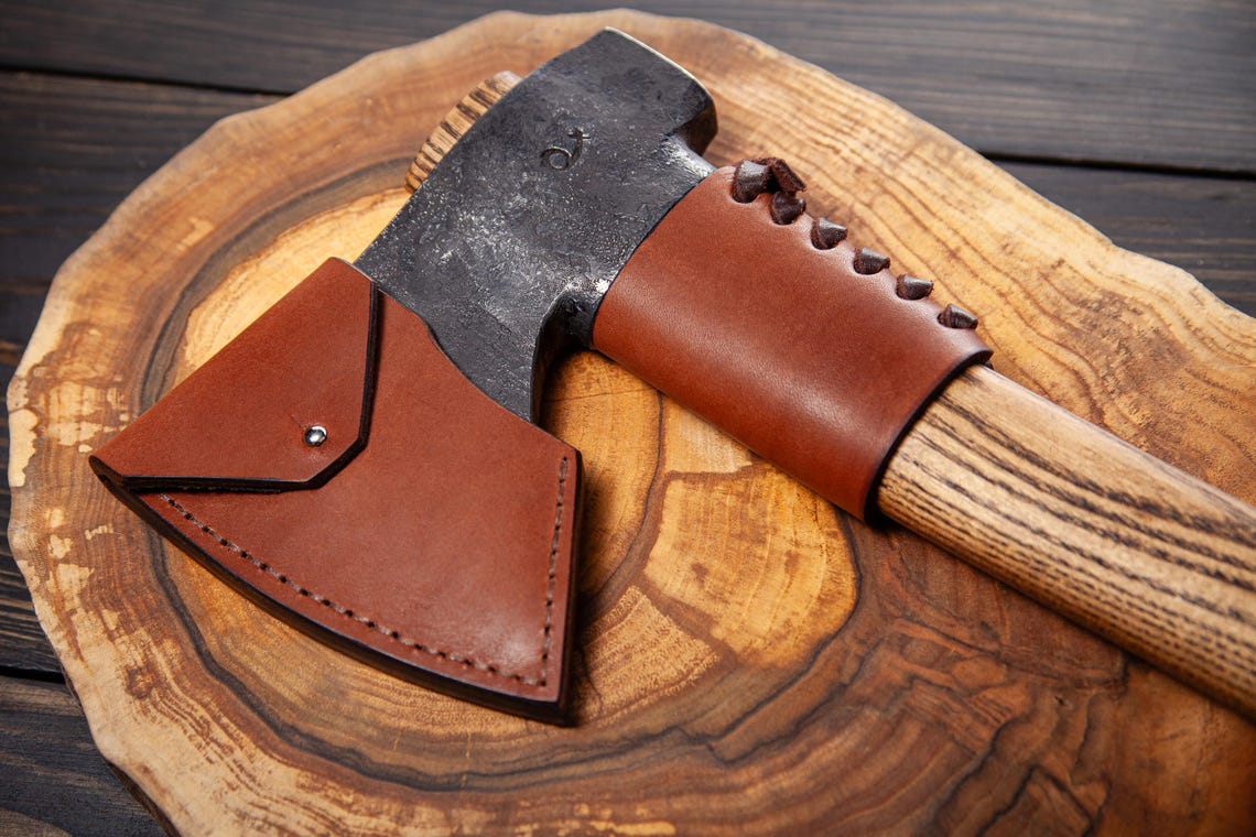 Knives Zone Hand-Forged Camp Axe with Hammer Poll – Carbon Steel Bushcraft Axe with Leather Sheath