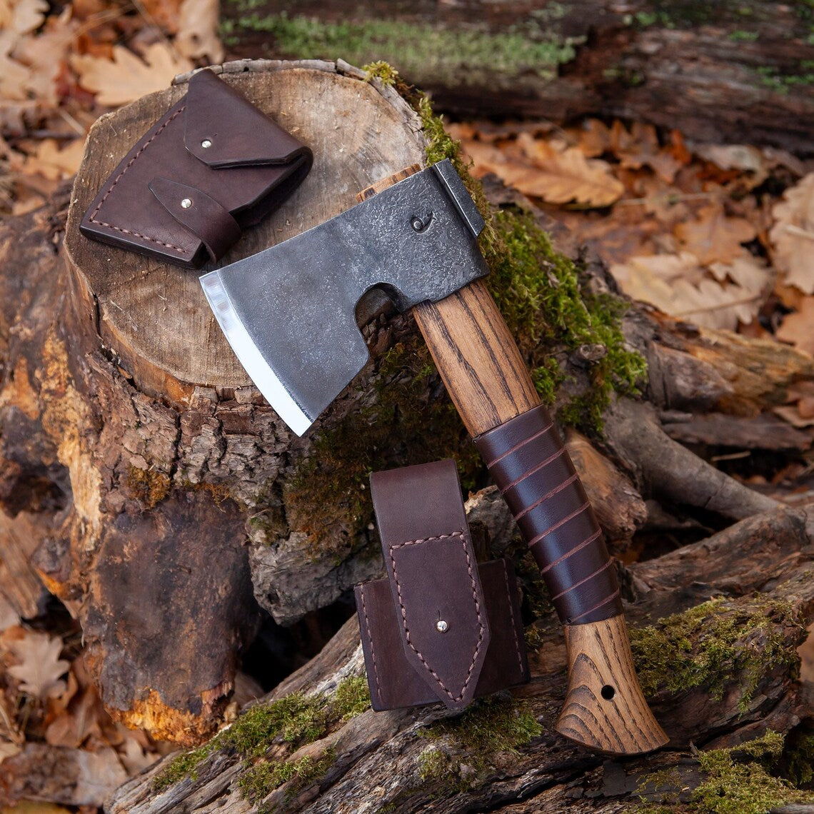 Hand Forged Finnish Bearded Axe – Compact Scandinavian Camping Hatchet with Leather Sheath
