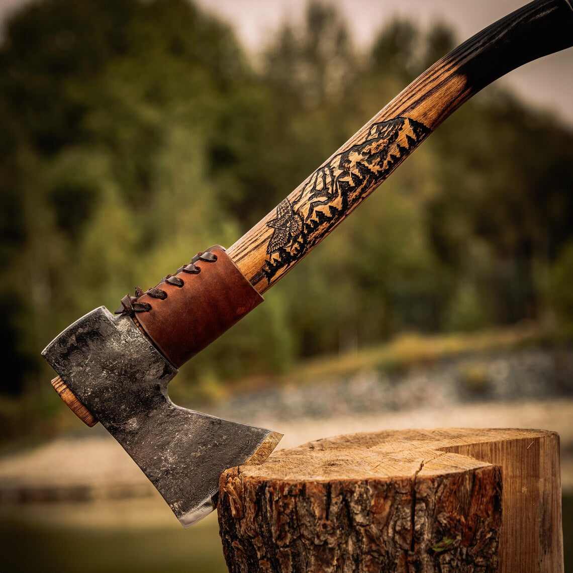 Knives Zone Hand Forged Bushcraft Axe – Carbon Steel Camping Hatchet with Ash Wood Handle & Leather Sheath