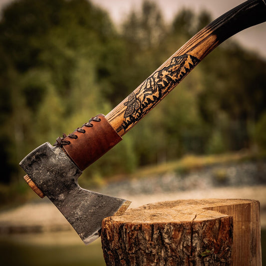 Knives Zone Hand Forged Bushcraft Axe – Carbon Steel Camping Hatchet with Ash Wood Handle & Leather Sheath