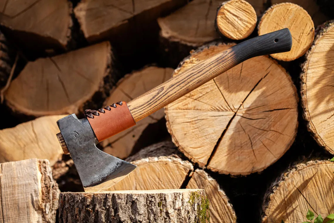 Knives Zone Hand-Forged Camp Axe with Hammer Poll – Carbon Steel Bushcraft Axe with Leather Sheath