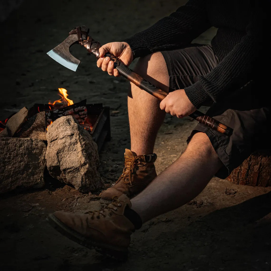 Hand Forged Viking Bearded Axe with Hammer Poll – 27.5" Bushcraft Camping Axe with Leather Wrapped Handle & Sheath