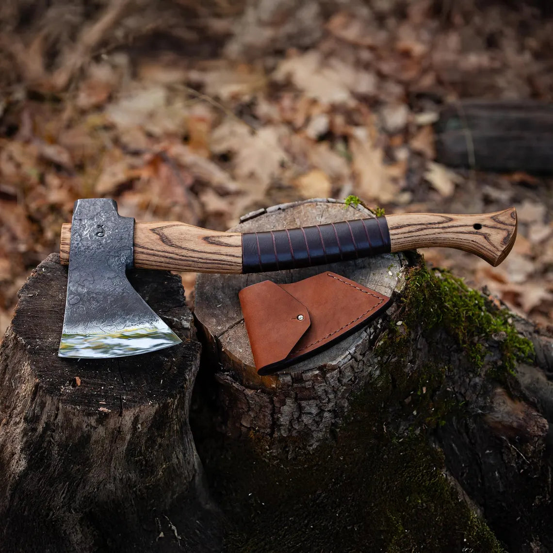 Hand Forged Bushcraft Axe with Hammer Poll – Mid-Length Camping Hatchet with Leather Sheath