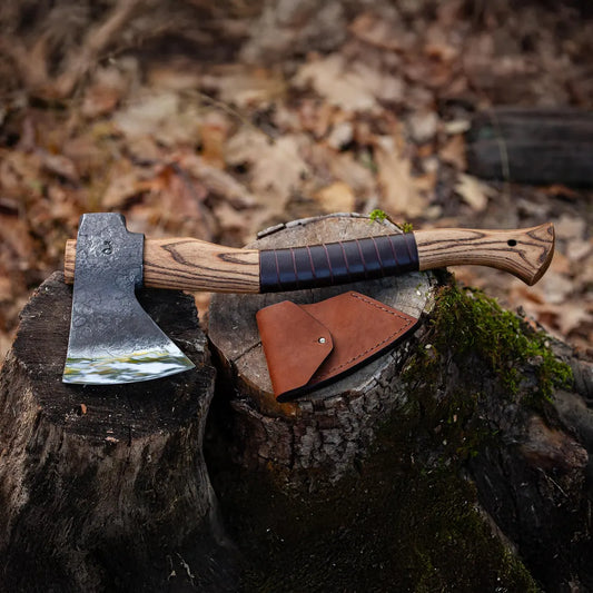 Hand Forged Bushcraft Axe with Hammer Poll – Mid-Length Camping Hatchet with Leather Sheath