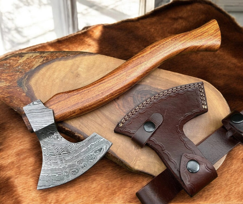 Hand Forged Damascus Steel Camping Axe with Rosewood Handle | Custom Handmade Hatchet with Leather Sheath
