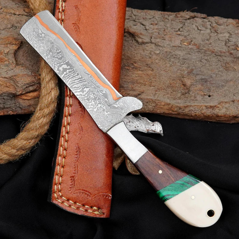 Hand-Forged Copper Core Damascus Bull Cutter Knife with Rosewood & Stone Handle | Custom Handmade Leather Sheath Knife