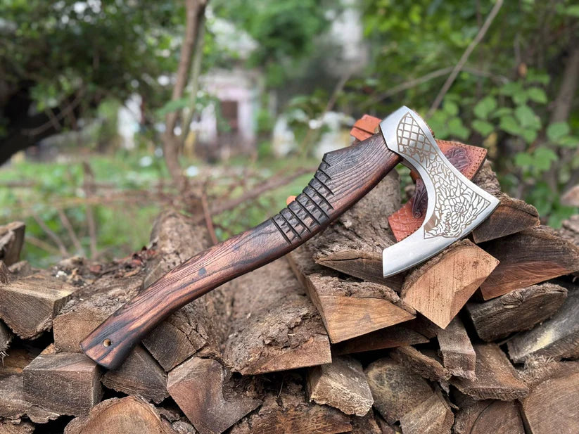 Hand-Forged Engraved Viking Axe with Rosewood Handle & Leather Sheath – 19" Norse Camping Hatchet