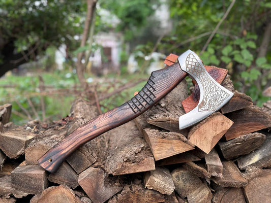 Hand-Forged Engraved Viking Axe with Rosewood Handle & Leather Sheath – 19" Norse Camping Hatchet