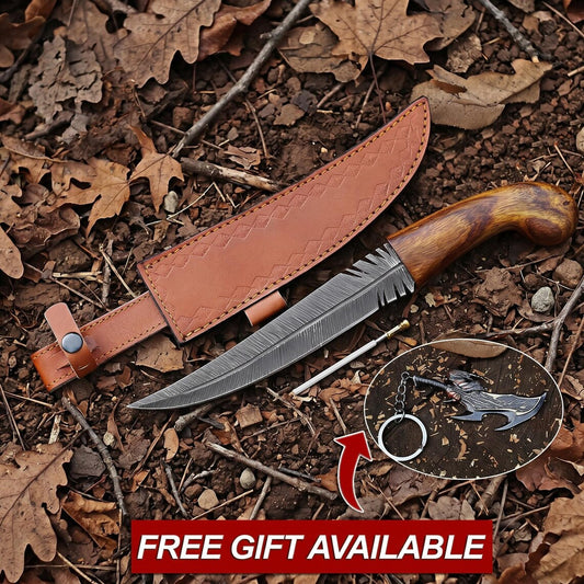 14" Hand Forged Feather Hunting Knife – Handmade Carbon Steel Fixed Blade with Rosewood Handle & Leather Sheath | Bushcraft Survival Knife