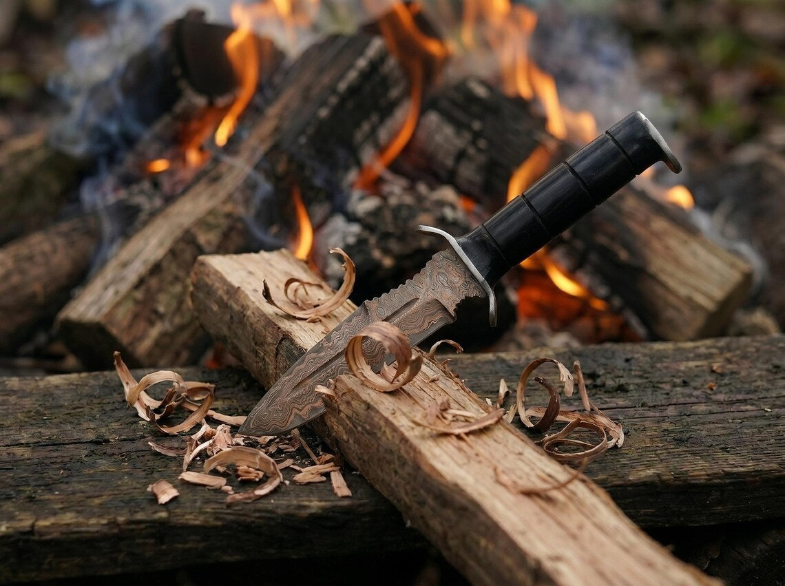 Hand Forged Copper Damascus Hunting Knife with Wooden Handle & Leather Sheath – Handmade Fixed Blade Outdoor Knife