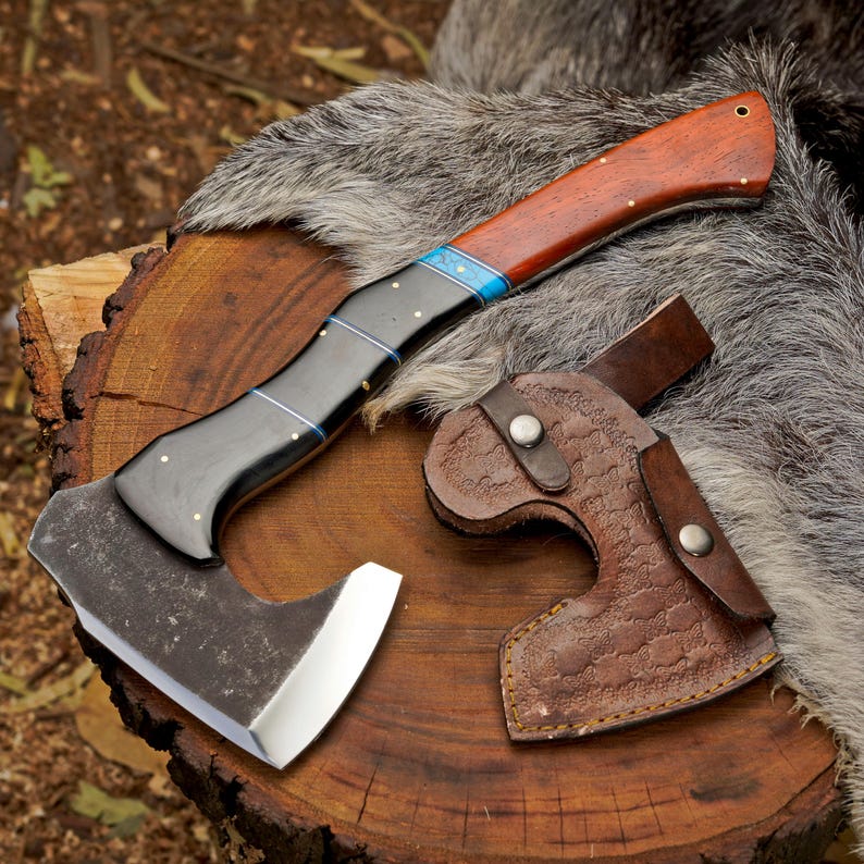 Handcrafted 1095 High Carbon Steel Camping Axe with Turquoise & Paddock Wood Handle | Premium Bushcraft Hatchet