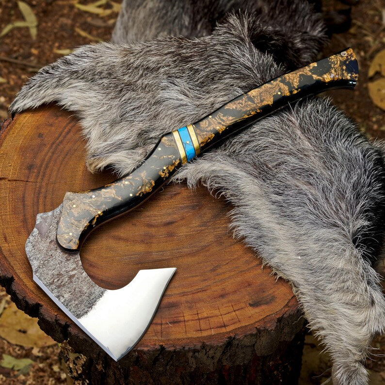Handcrafted Camping Hatchet Axe with Resin & Turquoise Handle | 1095 High Carbon Steel Hunting Axe with Leather Sheath