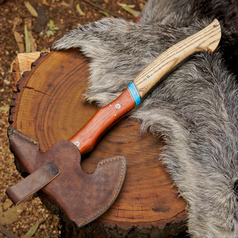Handcrafted 1095 Steel Camping Hatchet with Ash & Paddock Wood Handle | Bushcraft Axe with Leather Sheath