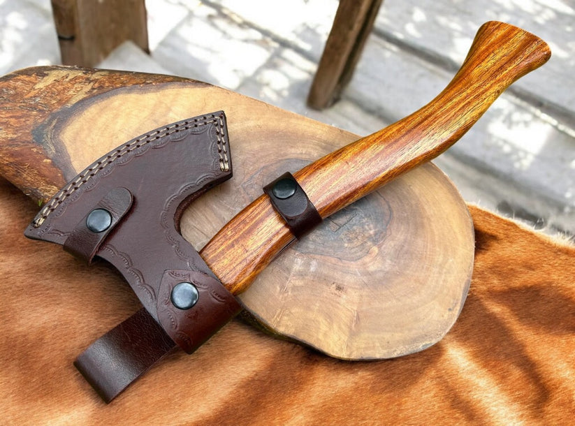 Hand Forged Damascus Steel Camping Axe with Rosewood Handle | Custom Handmade Hatchet with Leather Sheath