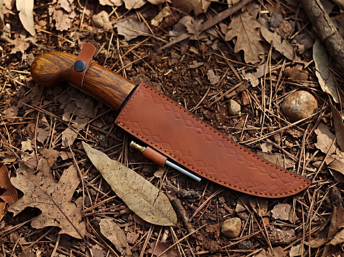 14" Hand Forged Feather Hunting Knife – Handmade Carbon Steel Fixed Blade with Rosewood Handle & Leather Sheath | Bushcraft Survival Knife