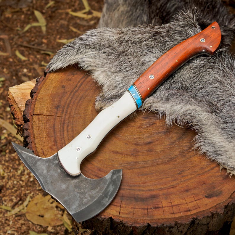 Handmade 1095 High Carbon Steel Camping Hatchet | Paddock Wood Handle Bushcraft Axe with Leather Sheath