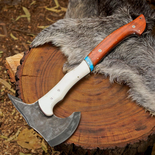 Handmade 1095 High Carbon Steel Camping Hatchet | Paddock Wood Handle Bushcraft Axe with Leather Sheath