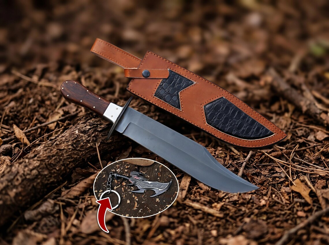 Knife with a leather sheath on a textured brown background