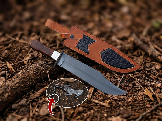 Knife with a leather sheath on a textured brown background