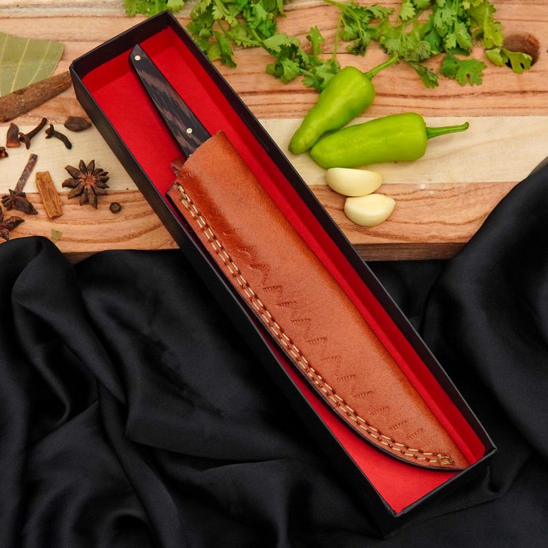 Handmade Copper Damascus Chef Knife with Wenge Wood Handle | Compact Culinary Knife with Leather Sheath
