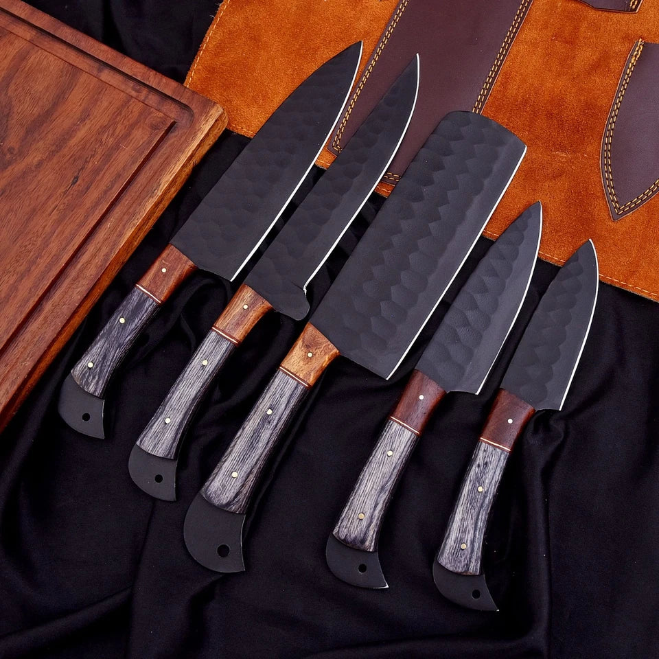 Handmade D2 Hammered Steel 5-Piece Chef Knife Set with Wood Handles & Leather Carry Bag | Knives Zone