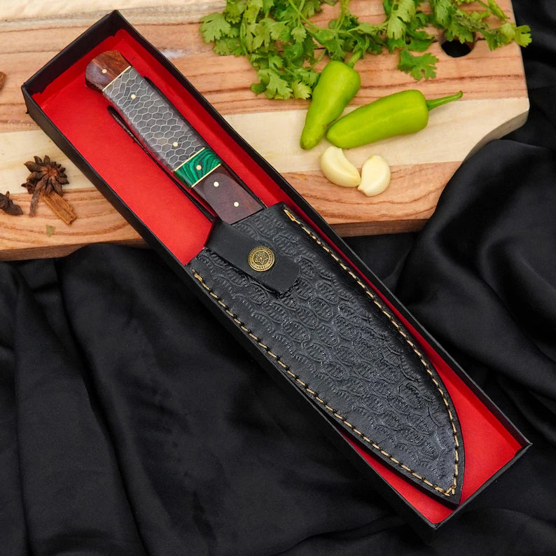 Handmade Damascus Chef Knife 7 Inch | 440C Stainless Steel Blade with Malachite, Resin & Rosewood Handle