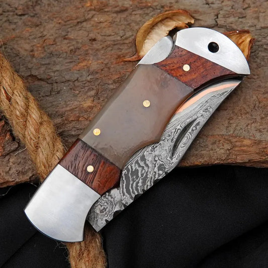 Handmade Damascus Steel Folding Knife with Ram Horn & Rosewood Handle | Premium EDC Pocket Knife