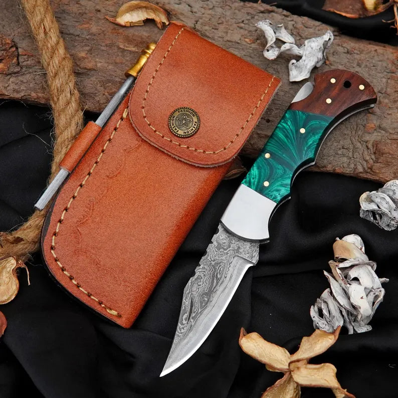 Double White Line Damascus Folding Knife with Green Resin & Rosewood Handle | Handmade EDC Pocket Knife