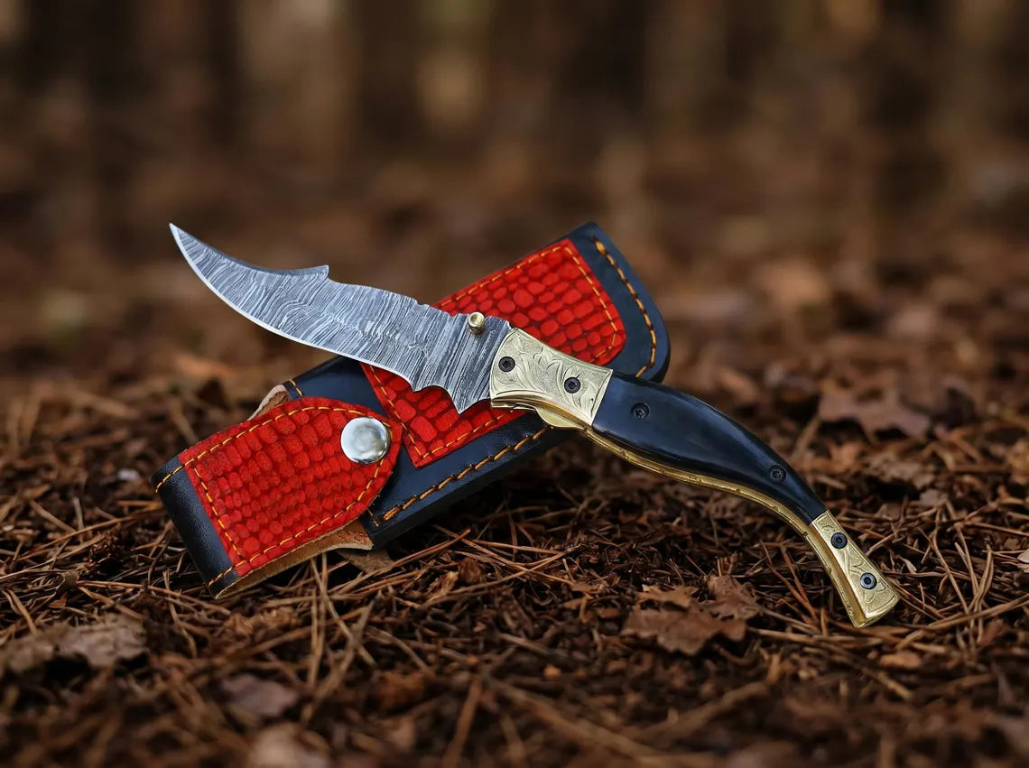 Handmade Damascus Steel Folding Pocket Knife with Leather Sheath – Custom EDC Hunting Knife | Groomsmen Gift for Men