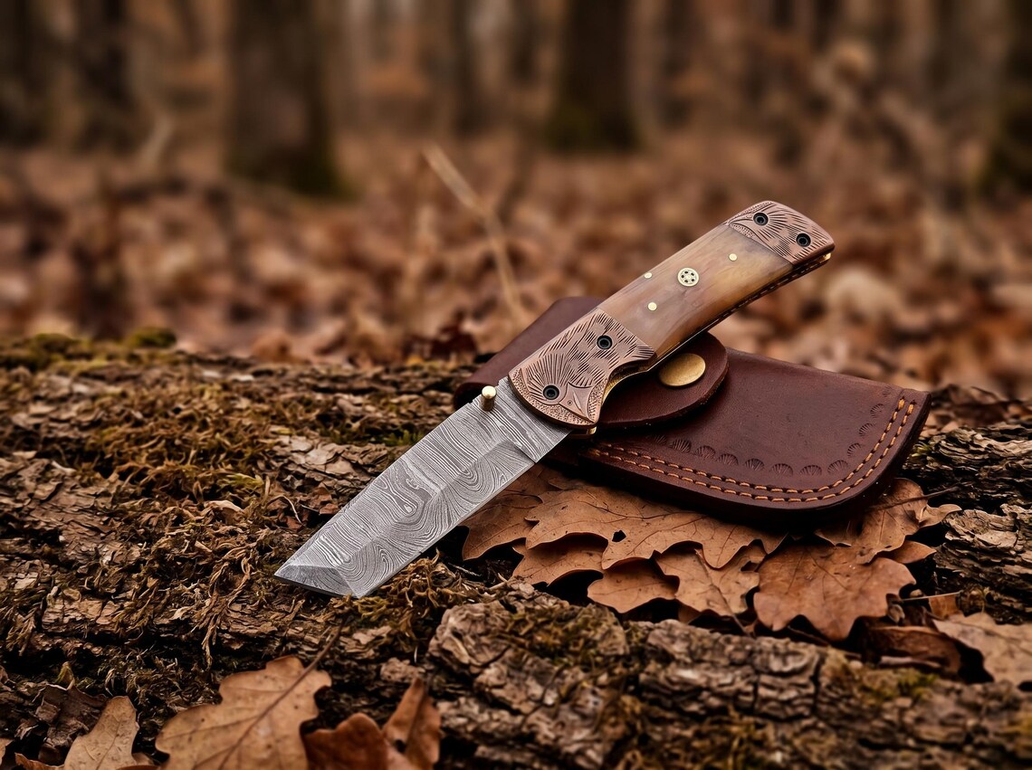 Handmade Damascus Steel Folding Pocket Knife with Natural Horn Handle & Leather Sheath | Custom EDC Outdoor Knife | Knives Zone