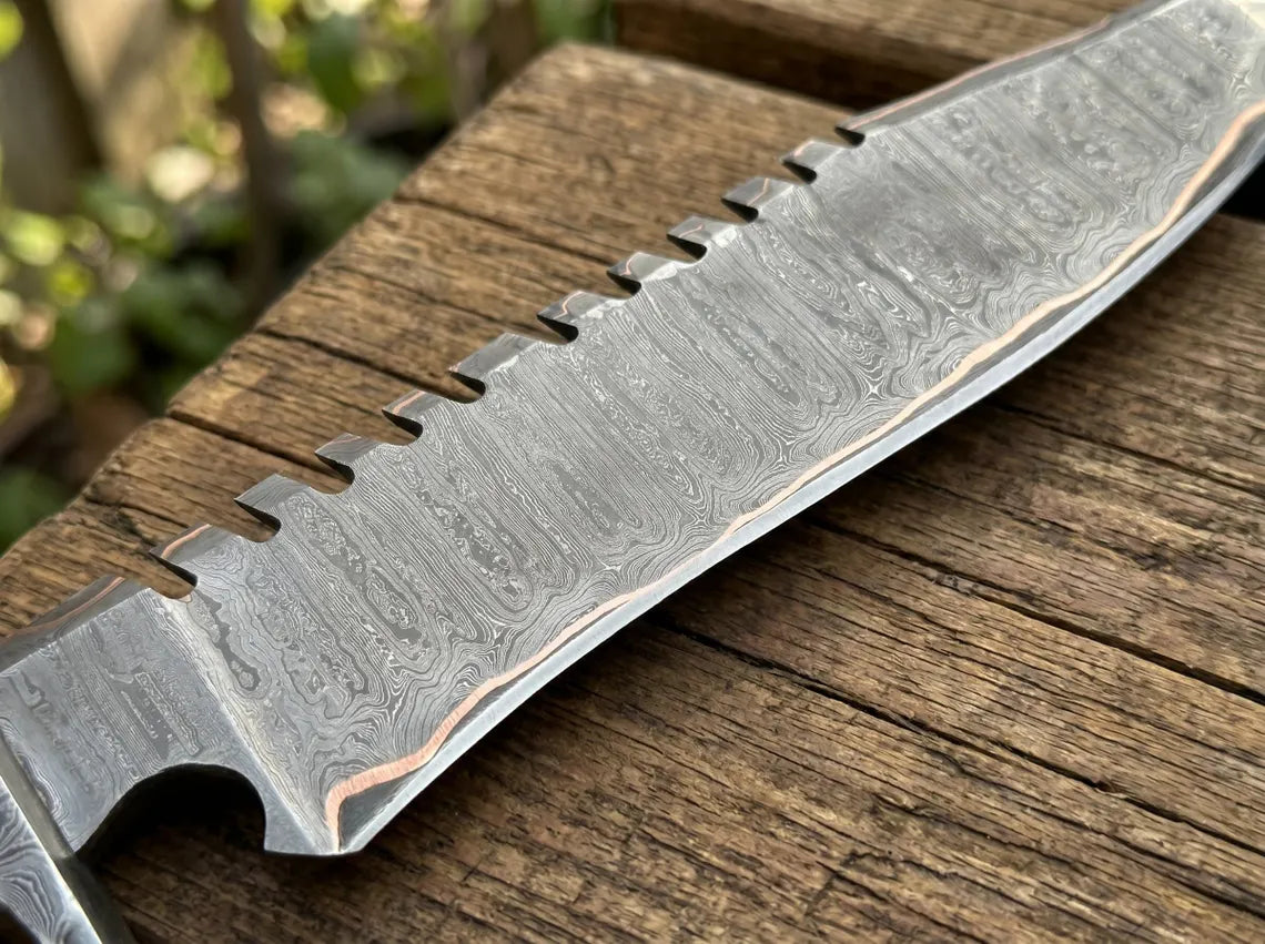 18" Handmade Copper Damascus Bowie Knife with Stag Antler Handle | Custom Fixed Blade Hunting & Collector Knife
