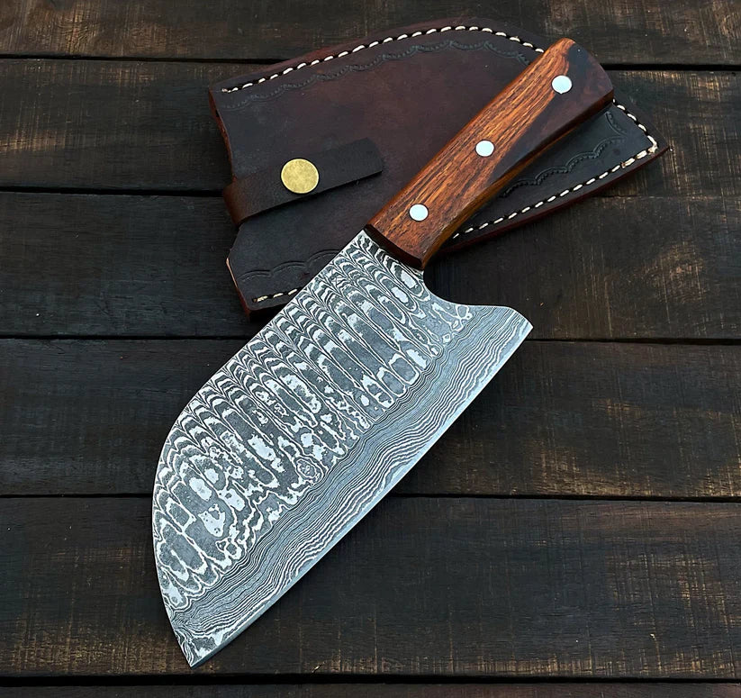 Custom Handmade Damascus Steel Meat Cleaver Knife with Leather Sheath | Full Tang Butcher Cleaver for Kitchen & BBQ