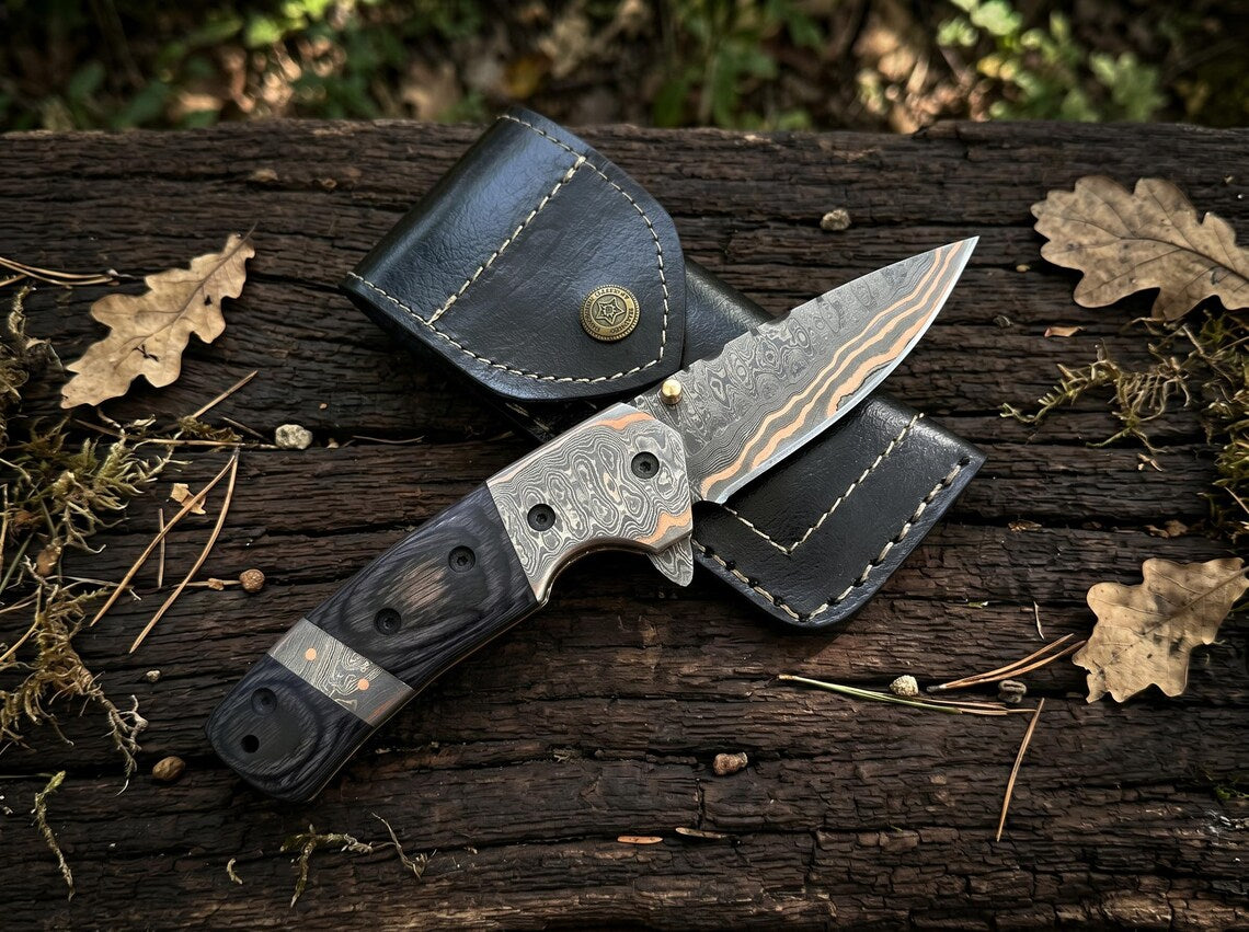Handcrafted Copper Damascus Folding Knife with Leather Sheath – Premium EDC Pocket Knife for Outdoor Adventures & Gifts