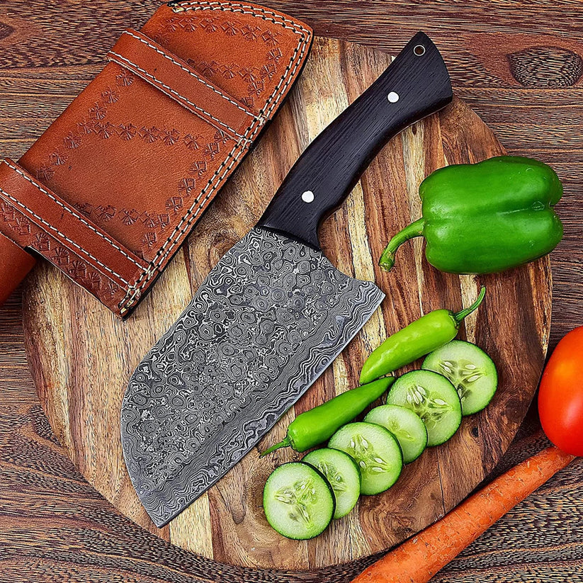 12" Handmade Damascus Serbian Cleaver Knife with Wenge Wood Handle & Cowhide Leather Sheath | Butcher & Chef Meat Cleaver