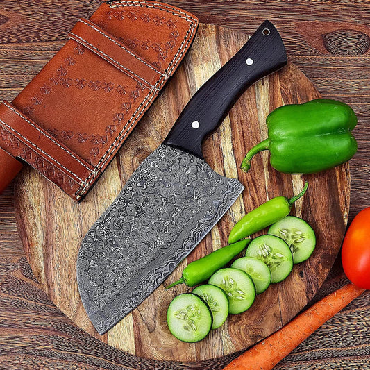 12" Handmade Damascus Serbian Cleaver Knife with Wenge Wood Handle & Cowhide Leather Sheath | Butcher & Chef Meat Cleaver