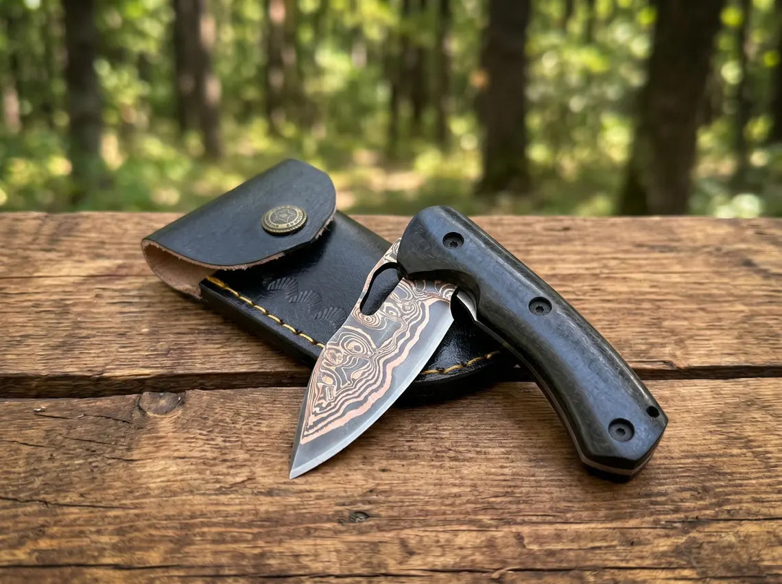 Handmade Copper Damascus Folding Pocket Knife with Leather Sheath – Custom EDC Knife for Outdoor Carry & Gift Giving