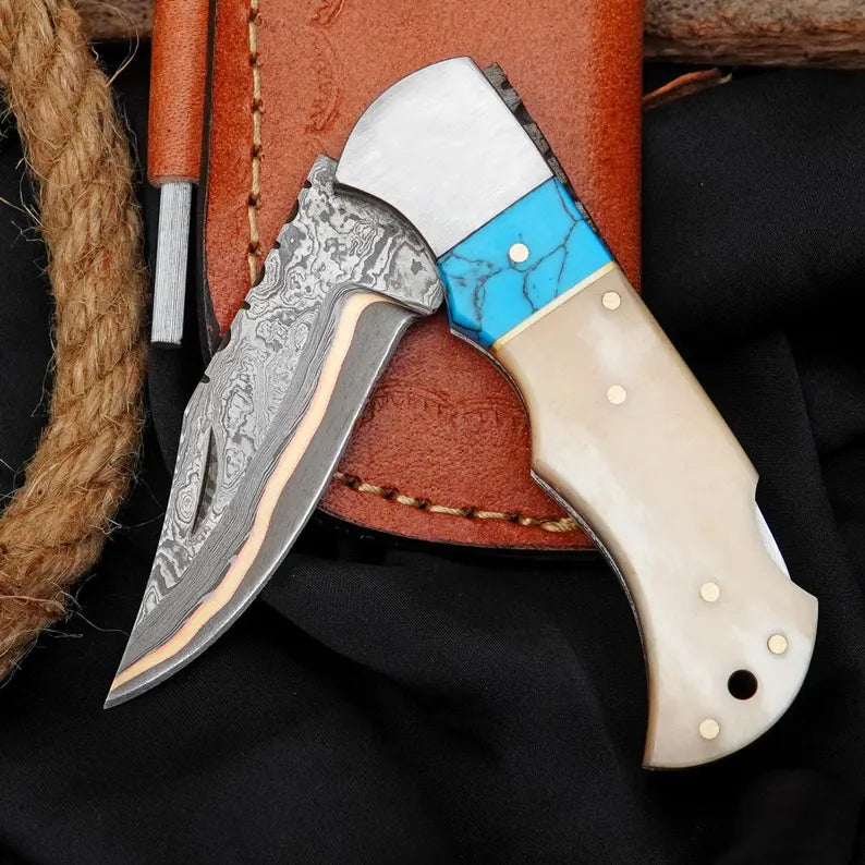 Premium San Mai Damascus Folding Knife with Turquoise & Camel Bone Handle | Copper Brass Core EDC Knife