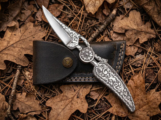 Custom Handmade Damascus Leaf Folding Knife – 7.5" High Carbon Pocket Knife with Leather Sheath | EDC Camping Knife