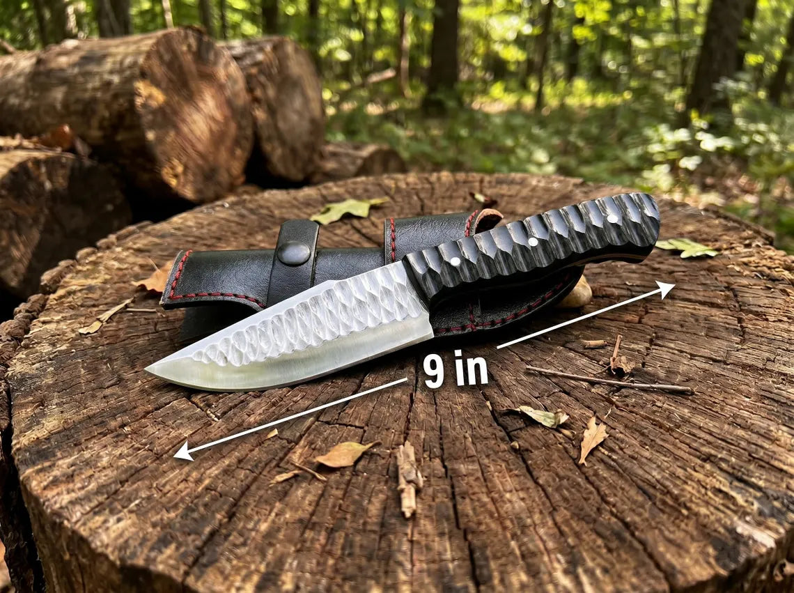 Handmade 9" Stainless Steel Fixed Blade Hunting Knife with Leather Sheath | Full Tang Outdoor Camping Knife