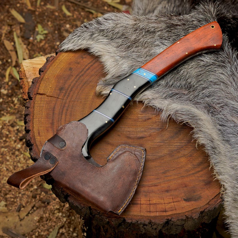 Handcrafted 1095 High Carbon Steel Camping Axe with Turquoise & Paddock Wood Handle | Premium Bushcraft Hatchet