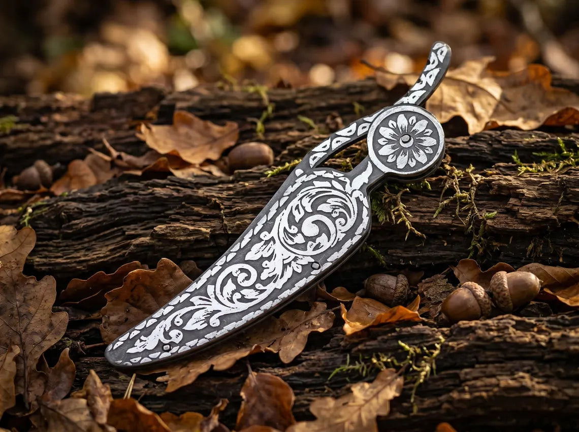 Custom Handmade Damascus Leaf Folding Knife – 7.5" High Carbon Pocket Knife with Leather Sheath | EDC Camping Knife