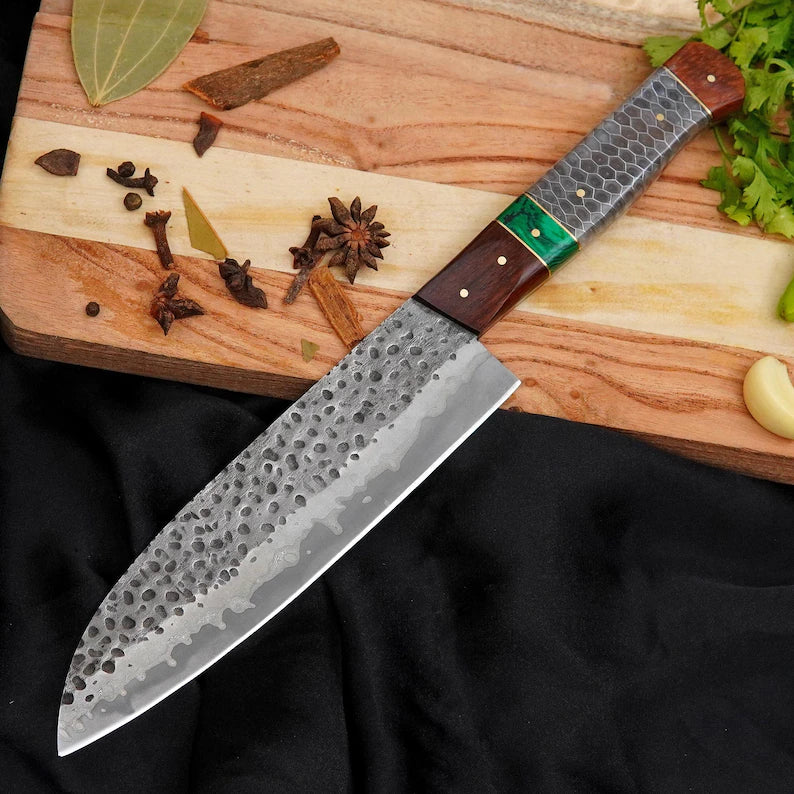 Handmade Damascus Chef Knife 7 Inch | 440C Stainless Steel Blade with Malachite, Resin & Rosewood Handle