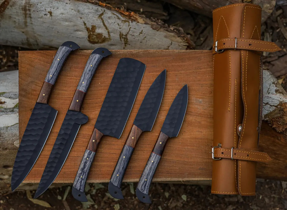 Hand Forged J2 Stainless Steel Chef Knife Set – 5-Piece Black Powder Coated Kitchen Knives with Leather Roll | Knives Zone