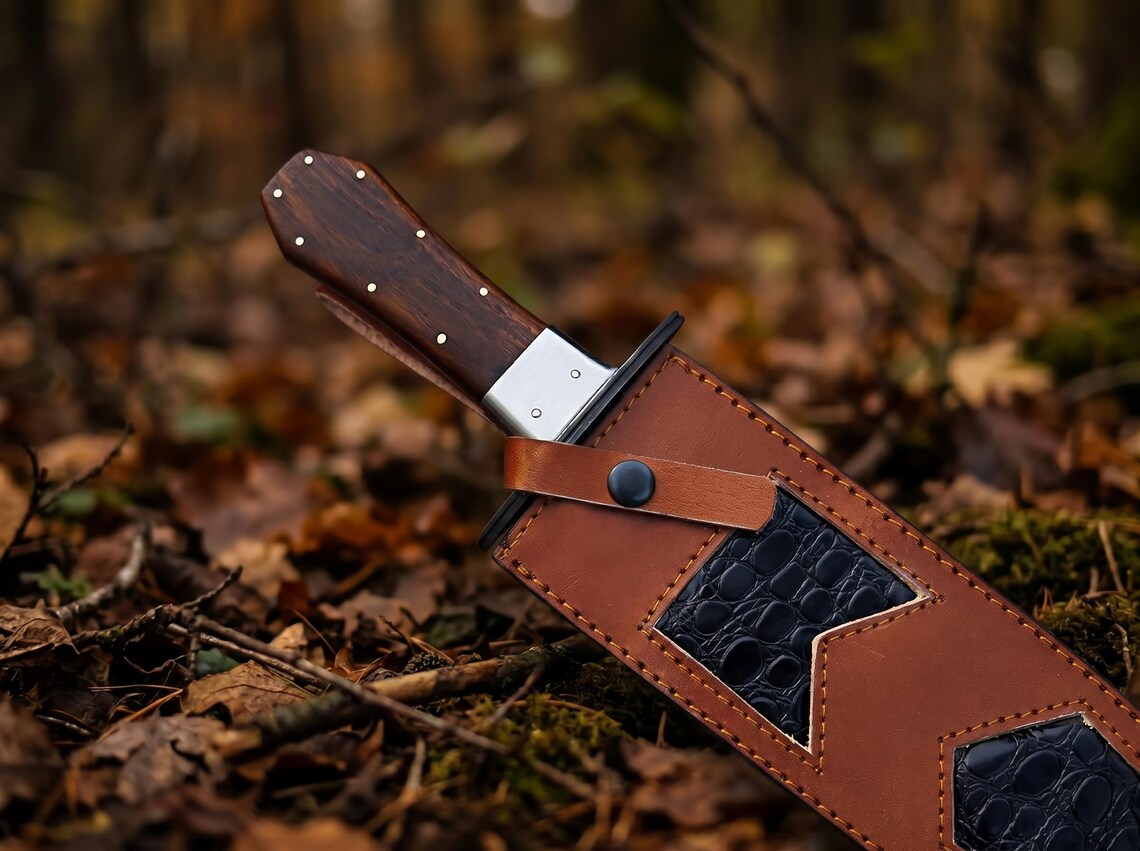 Knife with brown leather sheath on a forest floor