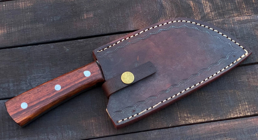 Custom Handmade Damascus Steel Meat Cleaver Knife with Leather Sheath | Full Tang Butcher Cleaver for Kitchen & BBQ