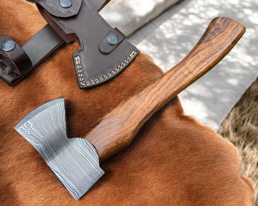 Custom Handmade Twisted Damascus Steel Axe with Rosewood Handle | Compact Outdoor Hatchet with Leather Sheath