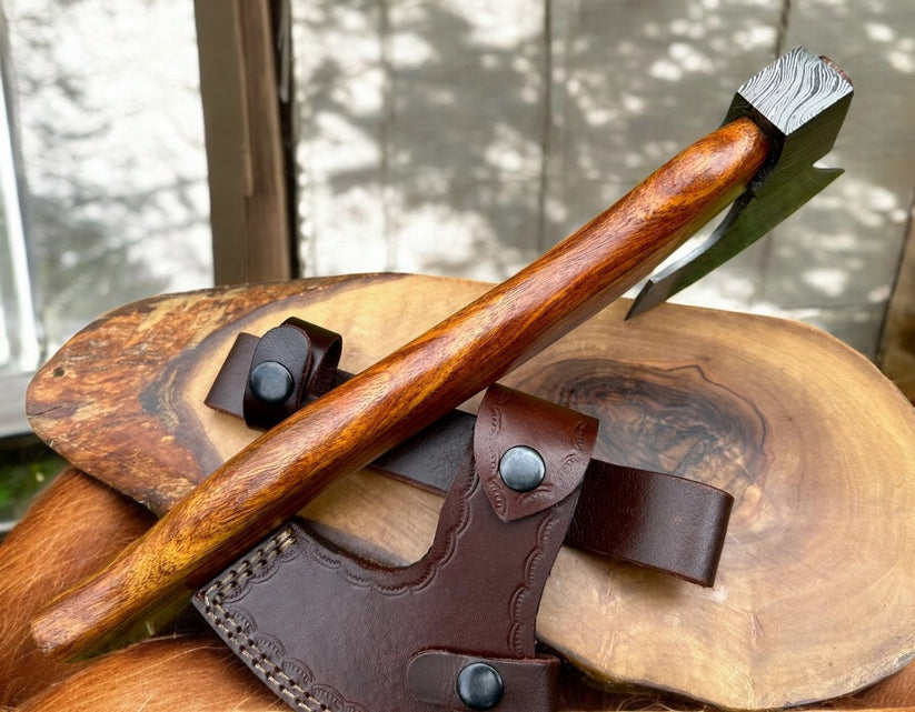 Hand Forged Damascus Steel Camping Axe with Rosewood Handle | Custom Handmade Hatchet with Leather Sheath