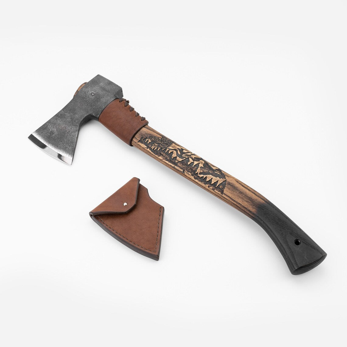 Knives Zone Hand Forged Bushcraft Axe – Carbon Steel Camping Hatchet with Ash Wood Handle & Leather Sheath